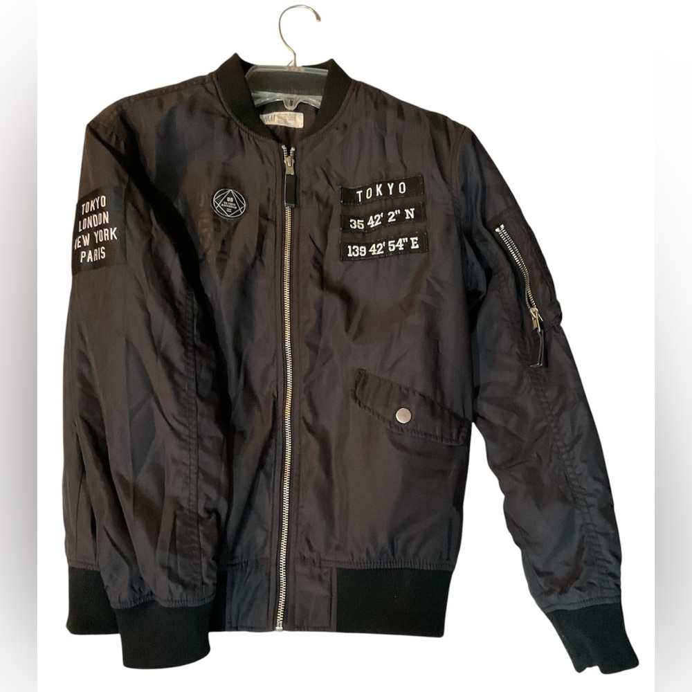 H&M Black Bomber Jacket with Stand-Up Collar and Embroidered Patches